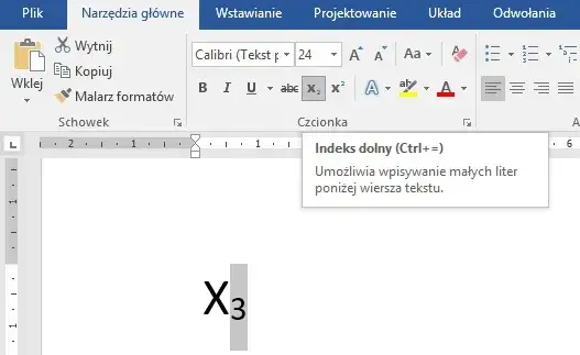 Ikona indeksu dolnego Word, skrót klawiaturowy Word, okno dialogowe czcionka Word